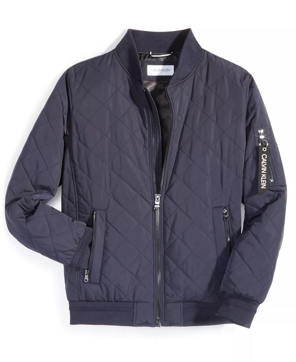 Men's Quilted Baseball Bomber Jacket with Rib-Knit Trim - Blue